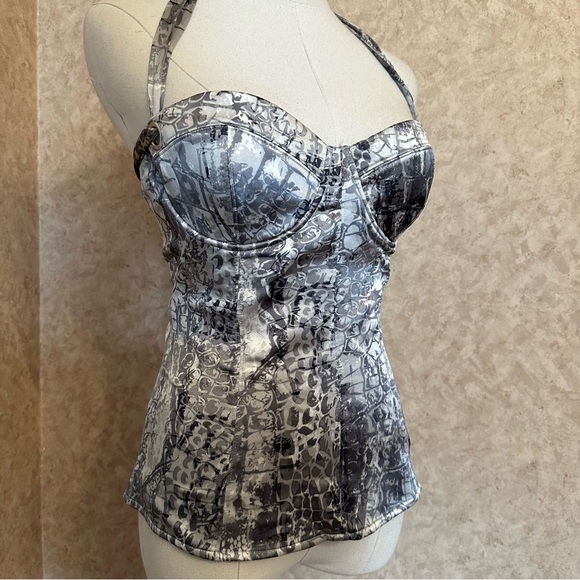 VTG Y2K 2000s Silver Silk Blend Snake Print Lace Up Halter Style Bustier Top - Picture 2 of 6